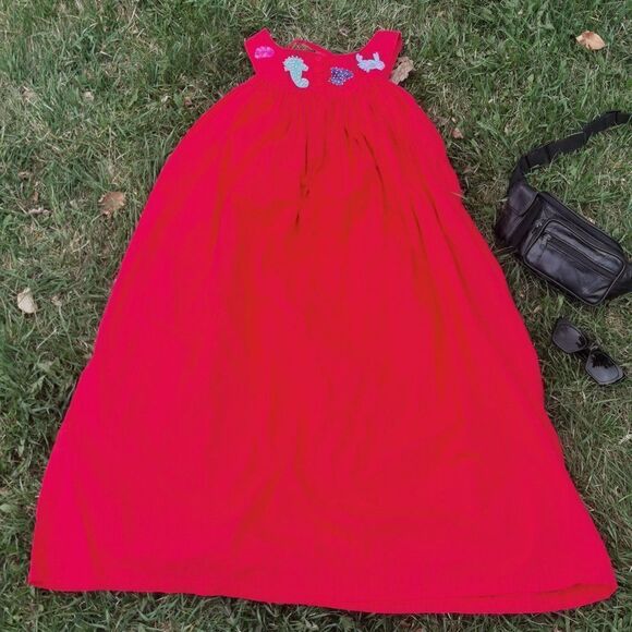 Beach theme Red 100% Cotton 80s Caftan sundress maxi criss cross back - Picture 1 of 5